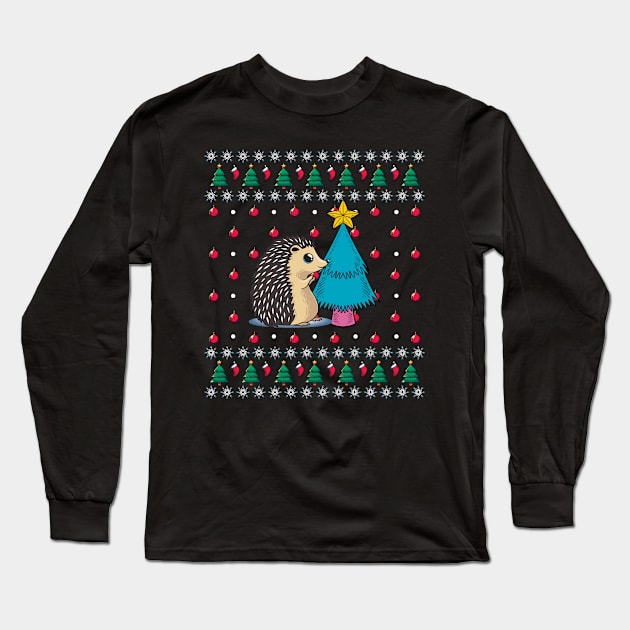 Festive Hedgehog Ugly Christmas Long Sleeve T-Shirt by ShirtsShirtsndmoreShirts